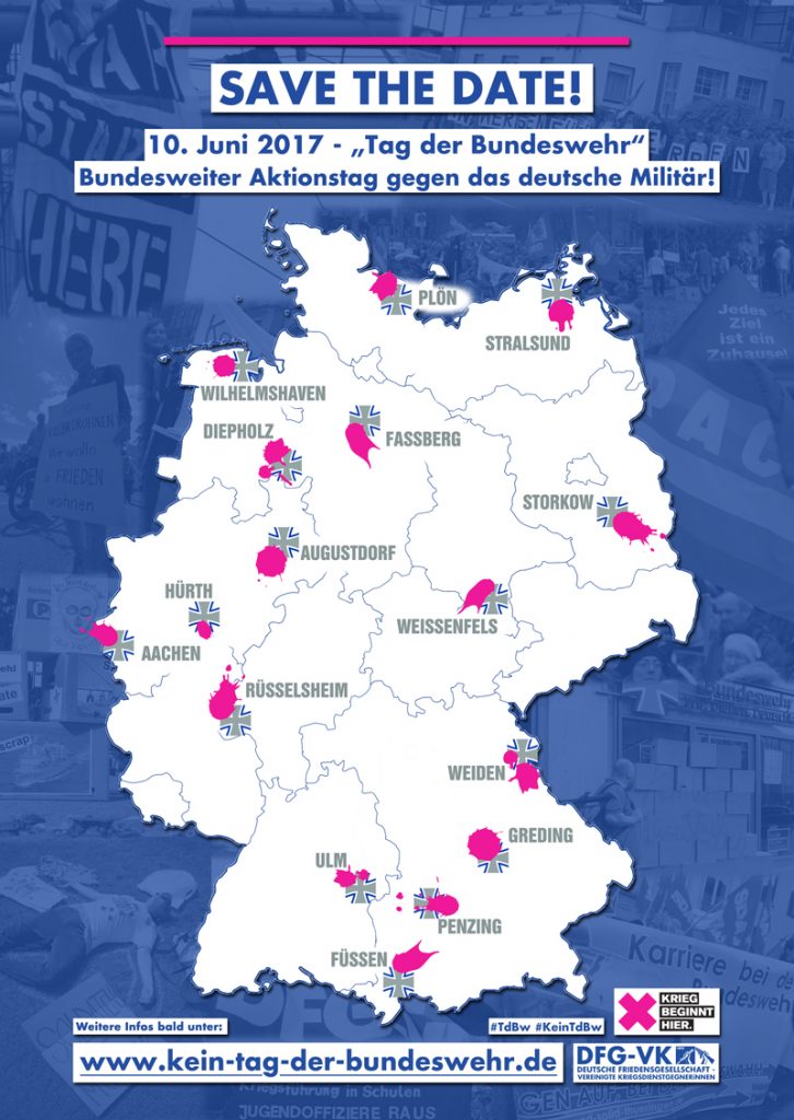 Karte der BRD mit denjenigen Städten, in denen die Bundeswehr am 10.6.2017 ihre aufwändigen Werbeveranstaltungen plant.
