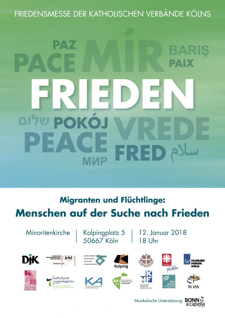 Das Plakat zeigt die Aufschrift "Frieden" in vielen Sprachen auf blaugrünem Grund.