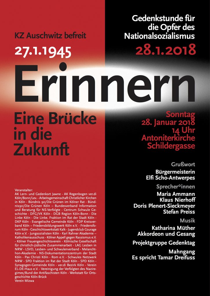 Auf dem Handzettel, der auf rotem und schwarzen Hintergrund gedruckt ist, springt das Wort "Erinnern" ins Auge. 