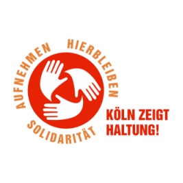 Logo des Aufrufs "Köln zeigt Haltung". Drei Hände kreisförmig auf rotem Grund; außen die Schrift "Aufnehmen Hierbleiben Solidarität"