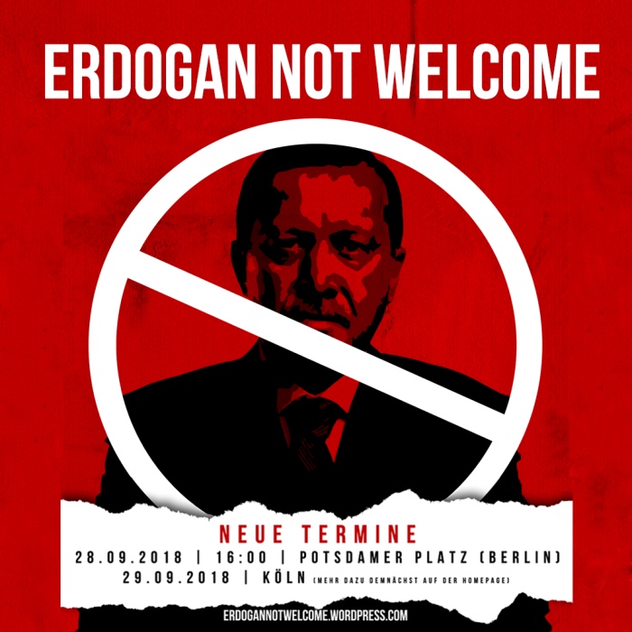 Ein schwarzes Porträt von Präsident Erdogan auf rotem Grund, mit einem schmalen weißen Balken durchgestrichen.