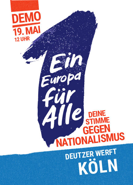 Eine dicke dunkelblaue Eins, auf der der Demo-Slogan steht, auf weißem Grund. Weitere Angaben zu Ort und Zeit sind kleiner in roter SChrift auf weißem Grund gedruckt.