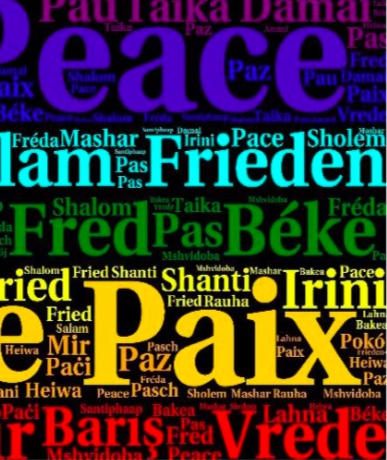 Grafik mit dem Wort Frieden auf allen möglichen Sprachen in bunten Buchstaben auf schwarzem Grund.