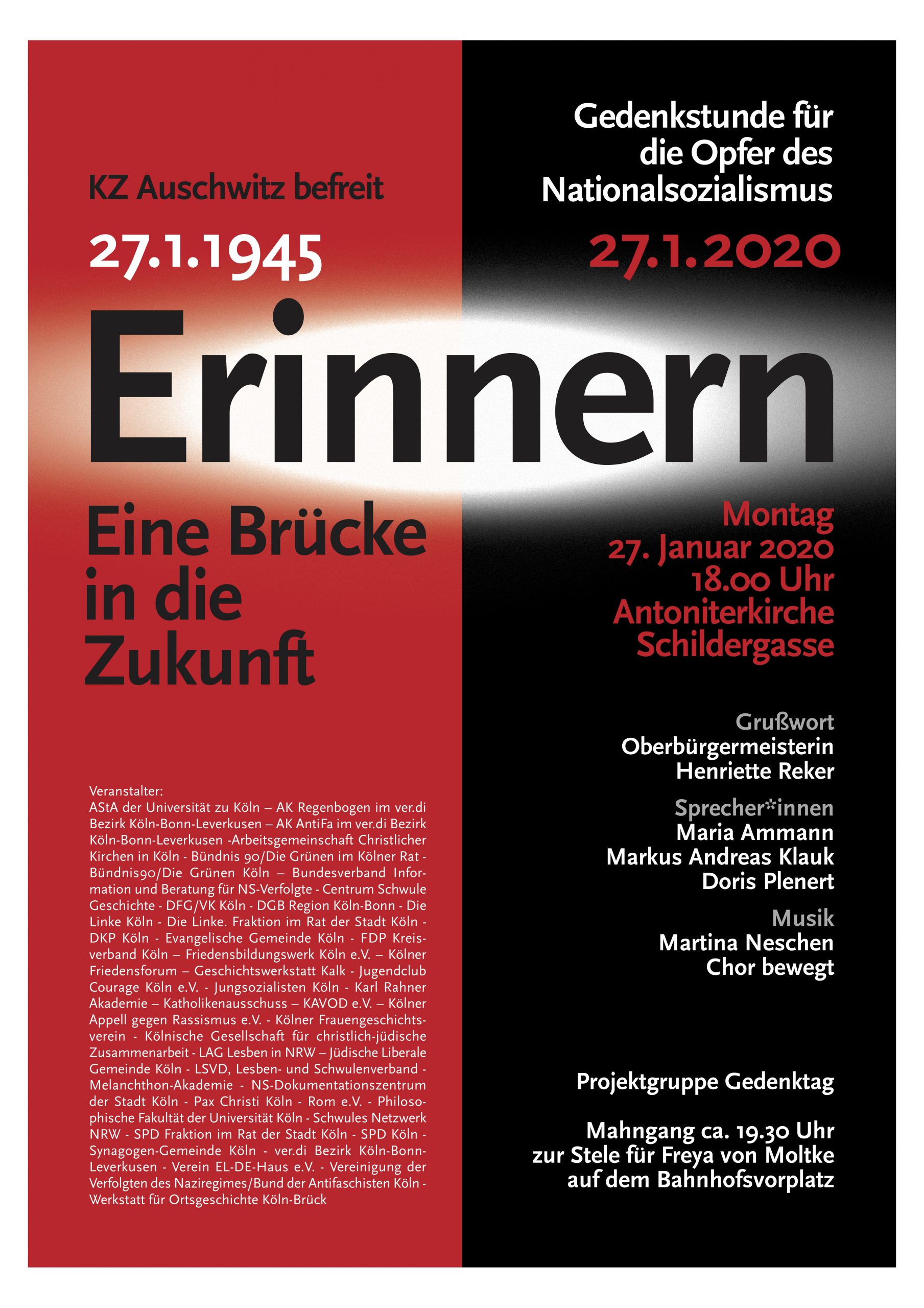 Veranstaltungsplakat in rot-schwarzem Design: "Erinnern. Eine Brücke in die Zukunft" 2020 Köln