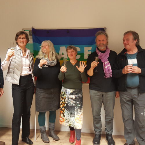 Drei Männer und drei Frauen unterschiedlichen Alters strahlen mit Sektgläsern in den Händen in die Kamera. Im Hintergrund eine an der Wand aufgehängte Regenbogenflagge mit der Aufschrift "pace" , die allerdings nur teilweise zu sehen ist.