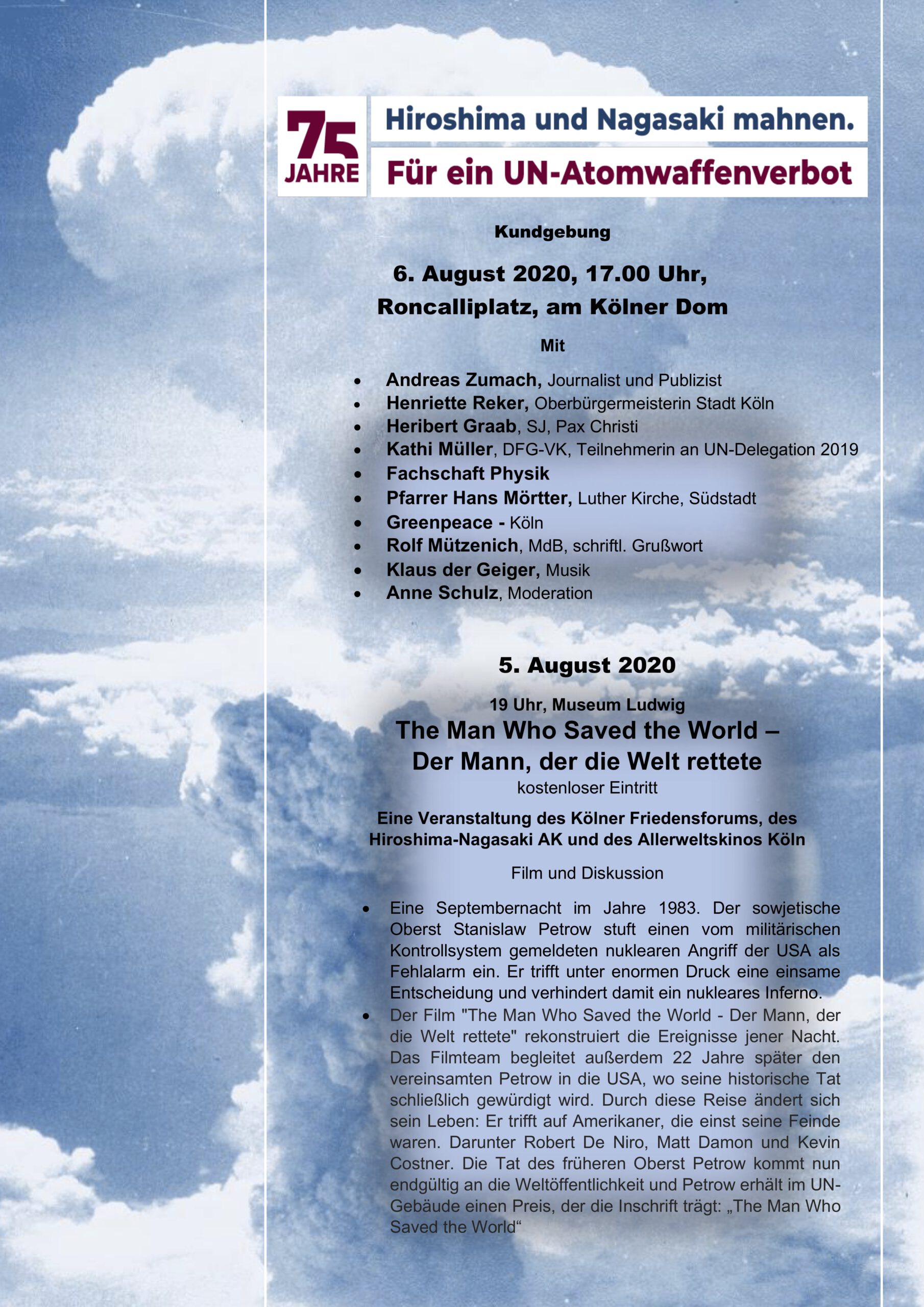 Ankündigungstext auf dem Hintergrund einer Atombombenexplosionswolke