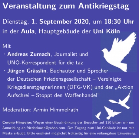 Veranstaltungshinweis für Antikriegstag 2020 in Köln mit Jürgen Grässlin und Andreas Zumach