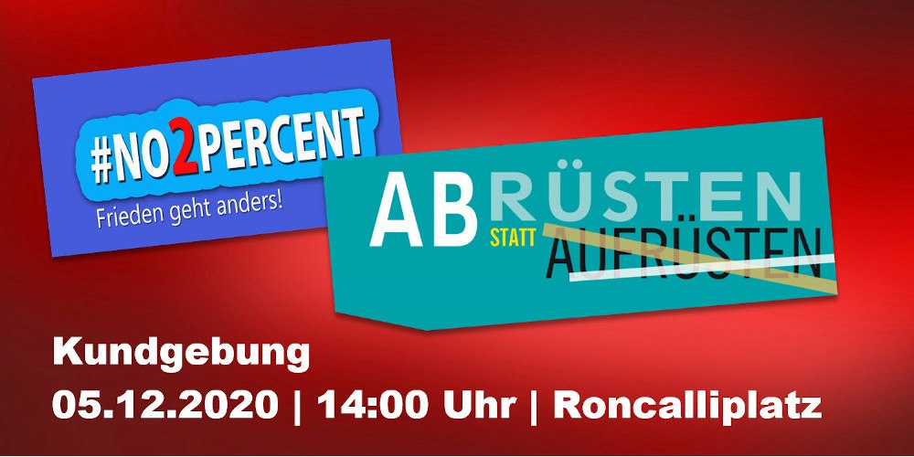 Blau und Türkis gehaltene Grafik zum Aktionstag für Abrüstung am 5.12.2020 in Köln auf rotem Hintergrund