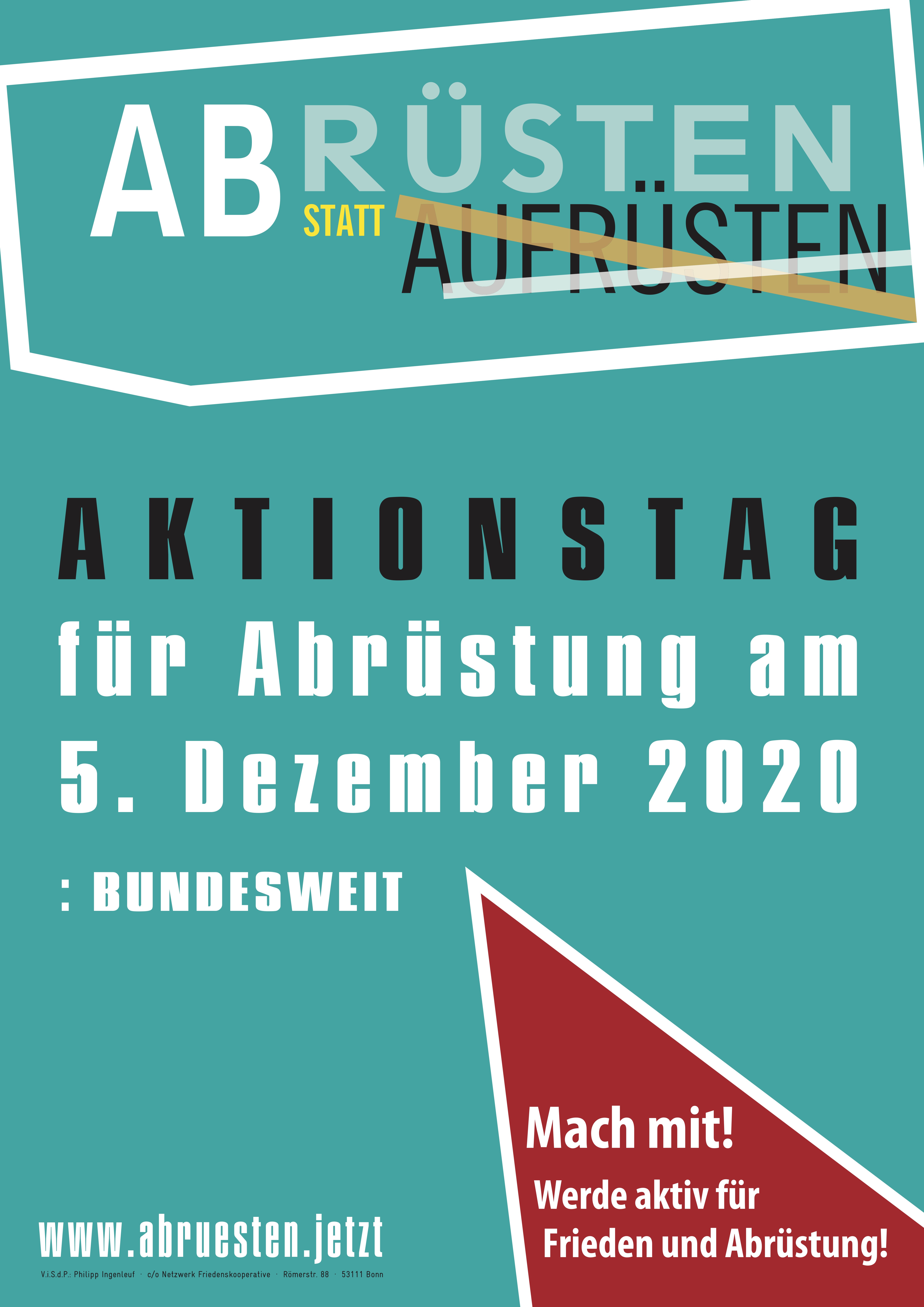 Aktionsplakat zum bundesweiten Aktionstag für Abrüstung am 5.12.2020 auf meergrünem Hintergrund