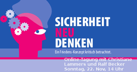 Grafik zur Fachtagung "Sicherheit neu denken" am 22.11.2020. Ein pinker Kopf mit abstrakt gestaltetem nachdenklichen Auge und Zahnrädern im Bereich des Hinterkopfs, die in die Außenwelt reichen, und einem schemenhaften Stahlhelm, der von den Zahnrädchen vom Kopf weggedrückt zu werden scheint. Der Hintergrund ist blau mit lila-farbener Tönung.