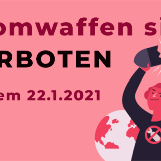 Rote und schwarze Schrift auf lachsrotem Grund, rechts die Skizze eines Menschen, der zufrieden eine Rakete über seinem Kopf in zwei Stücke bricht, dahinter die grafisch angedeutete Weltkugel.
