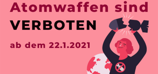 Rote und schwarze Schrift auf lachsrotem Grund, rechts die Skizze eines Menschen, der zufrieden eine Rakete über seinem Kopf in zwei Stücke bricht, dahinter die grafisch angedeutete Weltkugel.