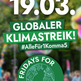 Aufruf zum globalen Klimastreik am 19.3.2021 von Fridays for Future - weiße Schrift auf grünem Grund