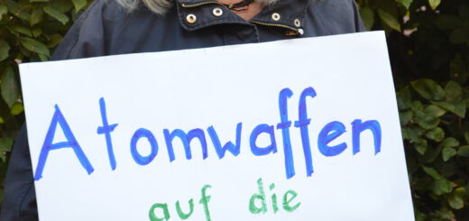 Eine hübsche ältere Dame mit schulterlangen silbergrauen Haaren und frischer Gesichtsfarbe hält fröhlich schmunzelnd ein selbst gemaltes Plakat vor sich: "Atomwaffen auf die Anklagebank". Im Hintergrund eine sommergrüne Buchenhecke.
