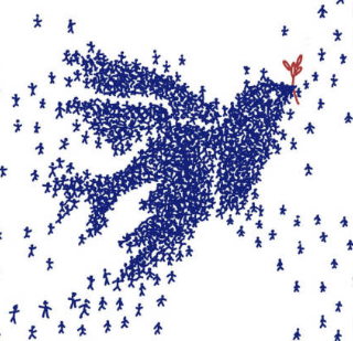 Zwischen einem skizzierten Kölner Dom und einer russisch-orthodoxen Zwiebelturmkirche sammeln sich eine Menge kleiner blauer Strichmännchen zu einer Friedenstaube.