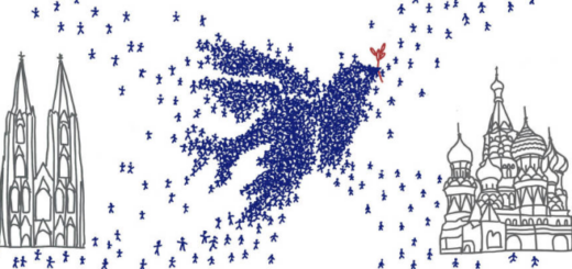 Zwischen einem skizzierten Kölner Dom und einer russisch-orthodoxen Zwiebelturmkirche sammeln sich eine Menge kleiner blauer Strichmännchen zu einer Friedenstaube.