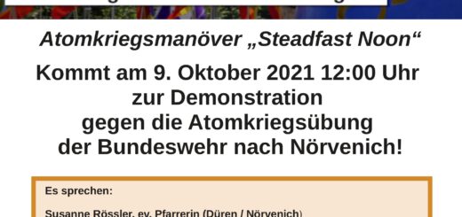 Demo-Flyer mit viel Text und einem Foto von orangefarbenen Plastik-Atomraketen zum Aufblasen