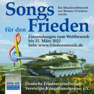 Plakat "Songs für den Frieden". Ein mit Grünzeug getarnter Panzer mit einem Kanonenrohr, das in einen bunten Notenschlüssel ausläuft.