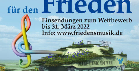 Plakat "Songs für den Frieden". Ein mit Grünzeug getarnter Panzer mit einem Kanonenrohr, das in einen bunten Notenschlüssel ausläuft.
