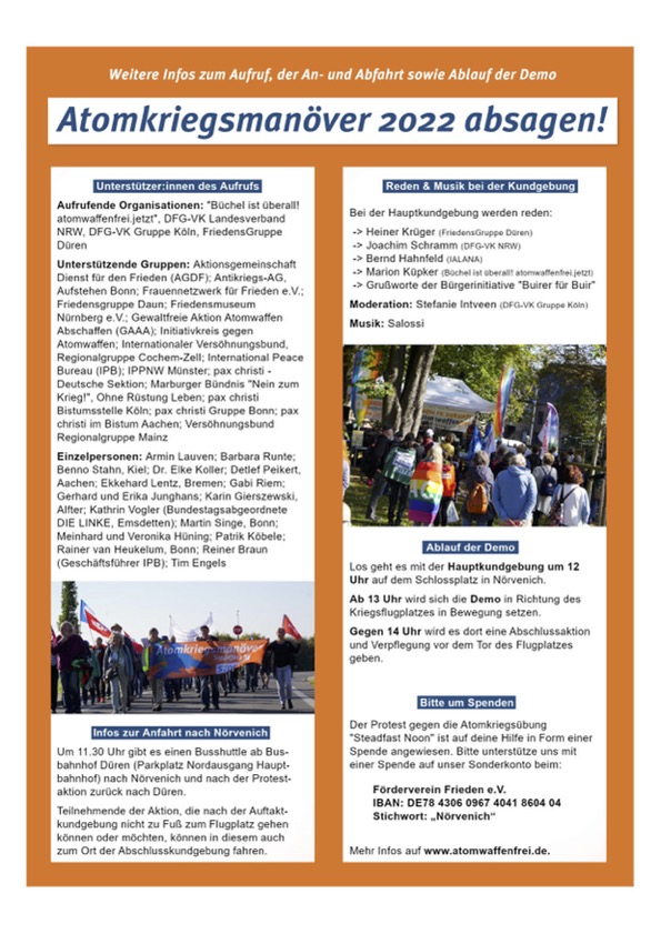 Flyer zur Demo am 22.10.2022 in Nörvenich "Atomkriegsmanöver Steadfast noon 2022 absagen!"