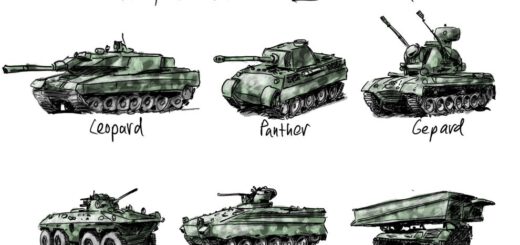 Sechs Skizzen von mit Tiernamen bezeichneten Militärpanzerfahrzeugen der Bundeswehr.