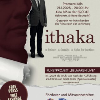 Filmplakat, das ein Foto von John Shipton, dem Vater von Julian Assange, in dunklem Anzug mit Krawatte zeigt.