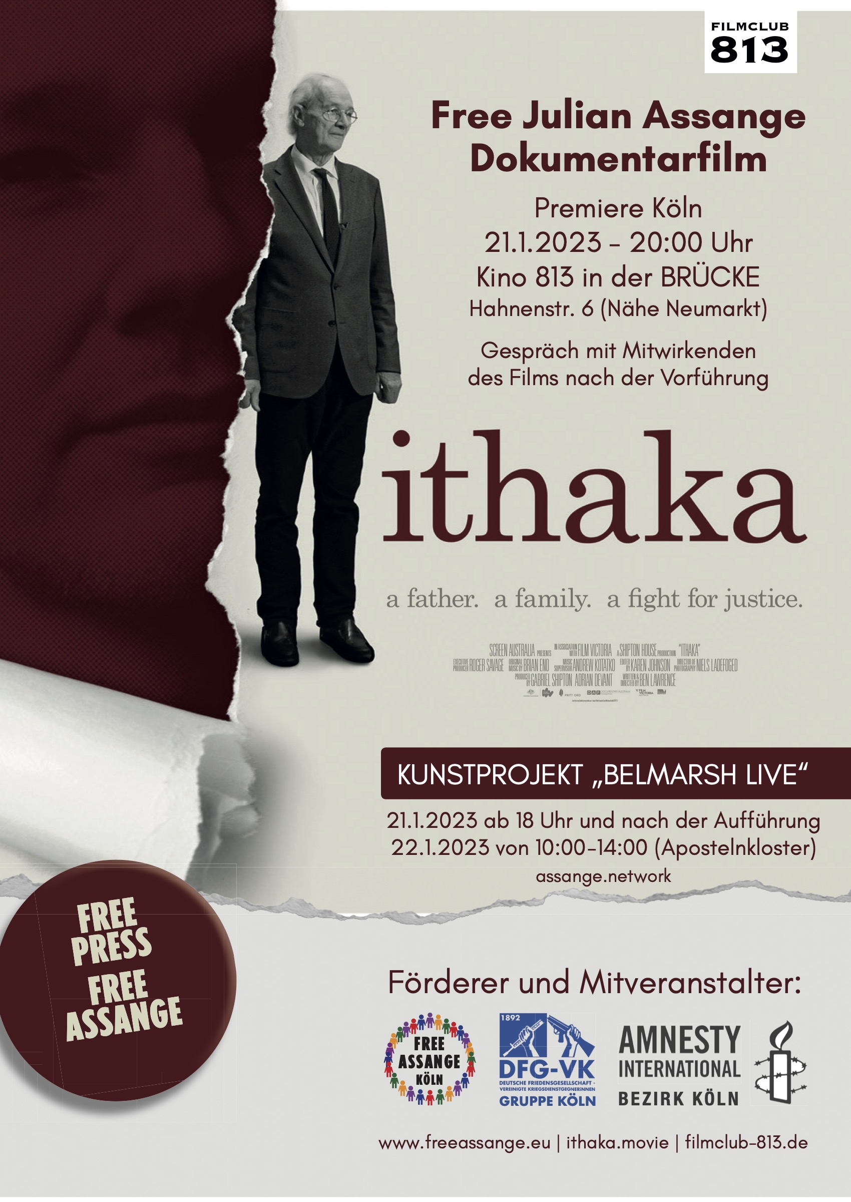 Filmplakat, das ein Foto von John Shipton, dem Vater von Julian Assange, in dunklem Anzug mit Krawatte zeigt.
