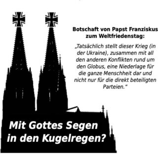 Schwarzer Scherenschnitt des Kölner Dom, dessen Doppeltürme mit Eisernen Kreuzen versehen sind, mit der weißen Aufschrift "Mit Gottes Segen in den Kugelregen?"