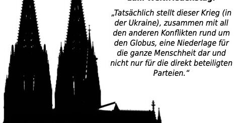 Schwarzer Scherenschnitt des Kölner Dom, dessen Doppeltürme mit Eisernen Kreuzen versehen sind, mit der weißen Aufschrift "Mit Gottes Segen in den Kugelregen?"