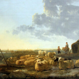 Ein Ölbild zeigt eine im Vordergrund lagernde kleine Schafherde mit einem auf den Stock gestützten Hirten und Hund vorne links in einer weiten sommerlichen Landschaft.