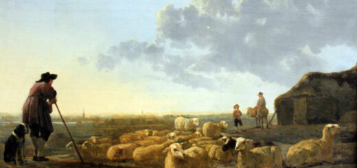 Ein Ölbild zeigt eine im Vordergrund lagernde kleine Schafherde mit einem auf den Stock gestützten Hirten und Hund vorne links in einer weiten sommerlichen Landschaft.