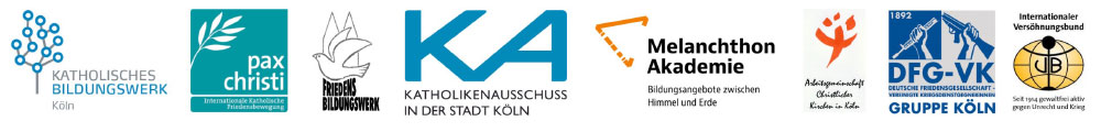 Logos von Katholisches Bildungswerk Köln, pax christi, Friedens Bildungswerk, Katholikenausschuss in der Stadt Köln, Melanchthon Akademie, Arbeitsgemeinschaft Christliche Kirchen in Köln, DFG-VK Gruppe Köln, Internationaler Versöhnungsbund Gruppe Köln
