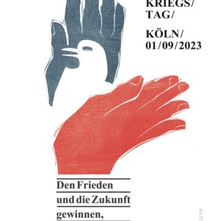 Ankündigungstext mit einer grafisch gestalteten weißen Taube, die zwischen einer blauen und einer roten Hand sitzt