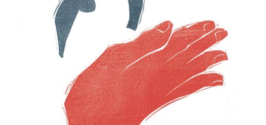 Ankündigungstext mit einer grafisch gestalteten weißen Taube, die zwischen einer blauen und einer roten Hand sitzt