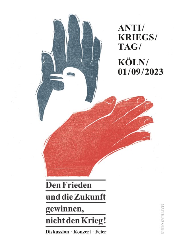 Ankündigungstext mit einer grafisch gestalteten weißen Taube, die zwischen einer blauen und einer roten Hand sitzt