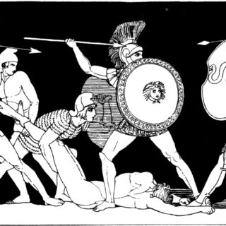 Eine Kampfszene in Schwarz-Weiß in antikem Stil.