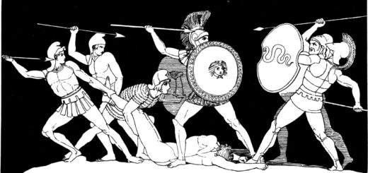 Eine Kampfszene in Schwarz-Weiß in antikem Stil.