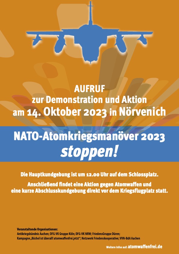 Ein Demo-Aufruf mit der grafischen Abbildung eines anfliegenden Kampfjets in Blau auf orangefarbenem Hintergrund.