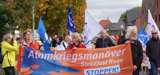 Zwei Frauen und ein Mann tragen ein orange-blau-weißes Transparent. Dahinter ein Demozug mit Friedensfahnen vor einer Reihe Backsteinhäusern und herbstlichen Bäumen.