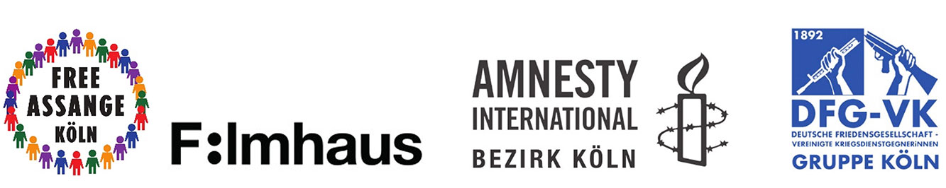 Logos von Free Assange Köln, F:lmhaus, DFG-VK Gruppe Köln, Amnesty International Bezirk Köln