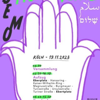 Demo-Aufruf mit der Grafik zweier angedeuteter gefalteter Hände auf lila Hintergrund