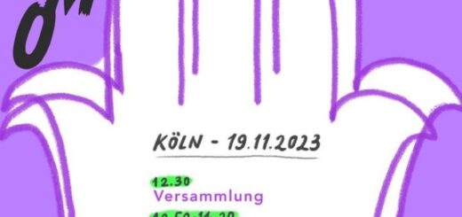 Demo-Aufruf mit der Grafik zweier angedeuteter gefalteter Hände auf lila Hintergrund