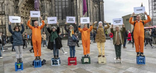 Acht Leute, zum Teil in orangefarbenen Overalls, stehen nebeneinander auf je einem leeren Getränkekasten und halten je ein Schild in die Höhe mit den Aufschriften "Wissen", "Respekt", "Freiheit", "Julian Assnage", "Kunstfreiheit", "Menwschenrechte", "Frieden". Im Hintergrund ist das Hauptportal des Kölner Doms zu sehen.