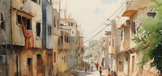 Ein Aquarell-Bild zeigt eine Straße, auf denen Menschen durch ein nahöstliches Wohngebiet gehen. Die Fenster in den Wohnhäusers rechts und links scheinen beschädigt. Vor den Gebäuden liegt Schutt.