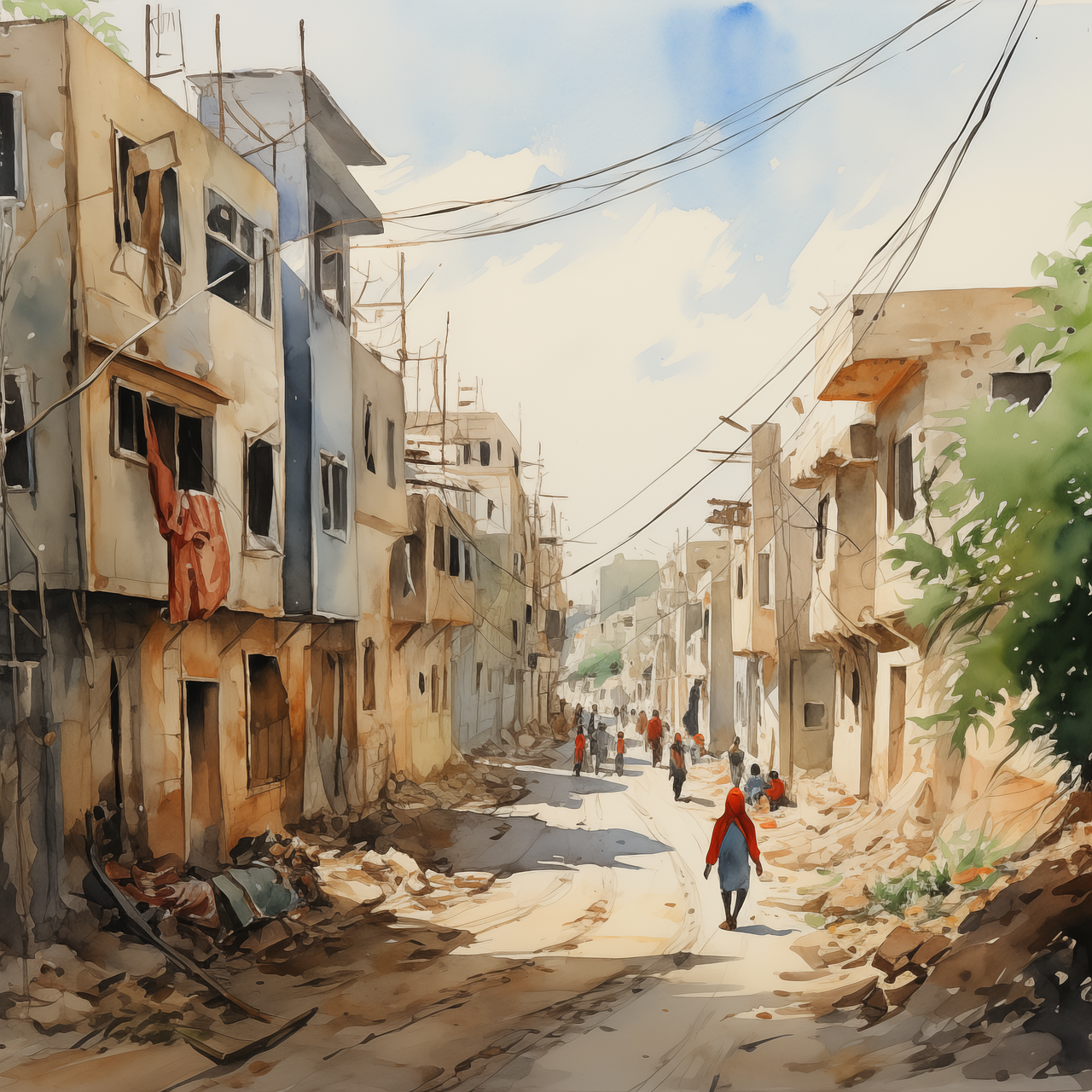 Ein Aquarell-Bild zeigt eine Straße, auf denen Menschen durch ein nahöstliches Wohngebiet gehen. Die Fenster in den Wohnhäusers rechts und links scheinen beschädigt. Vor den Gebäuden liegt Schutt. 