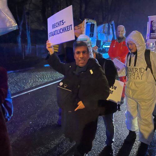 Eine Gruppe verkleideter Leute mit "Free-Assange"-Schildern in einer nächtlich beleuchteten Straße.