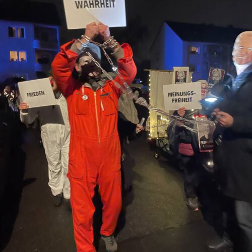 Verkleidete halten bei nächtlicher Demo Schilder hoch.