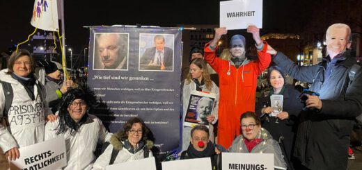 Ein knappes Dutzend gut gelaunte Aktivist*innen, als Julian Assange, Joe Biden, Annalena Baerbock, Gefangene und Clowns verkleidet, zeigen ihre Schilder und Plakate.