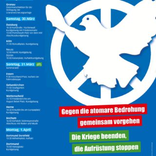 Ankündigungsplakat auf blauem Grund mit einer großen weißen auffliegenden Taube vor einem weißen Peace-Zeichen