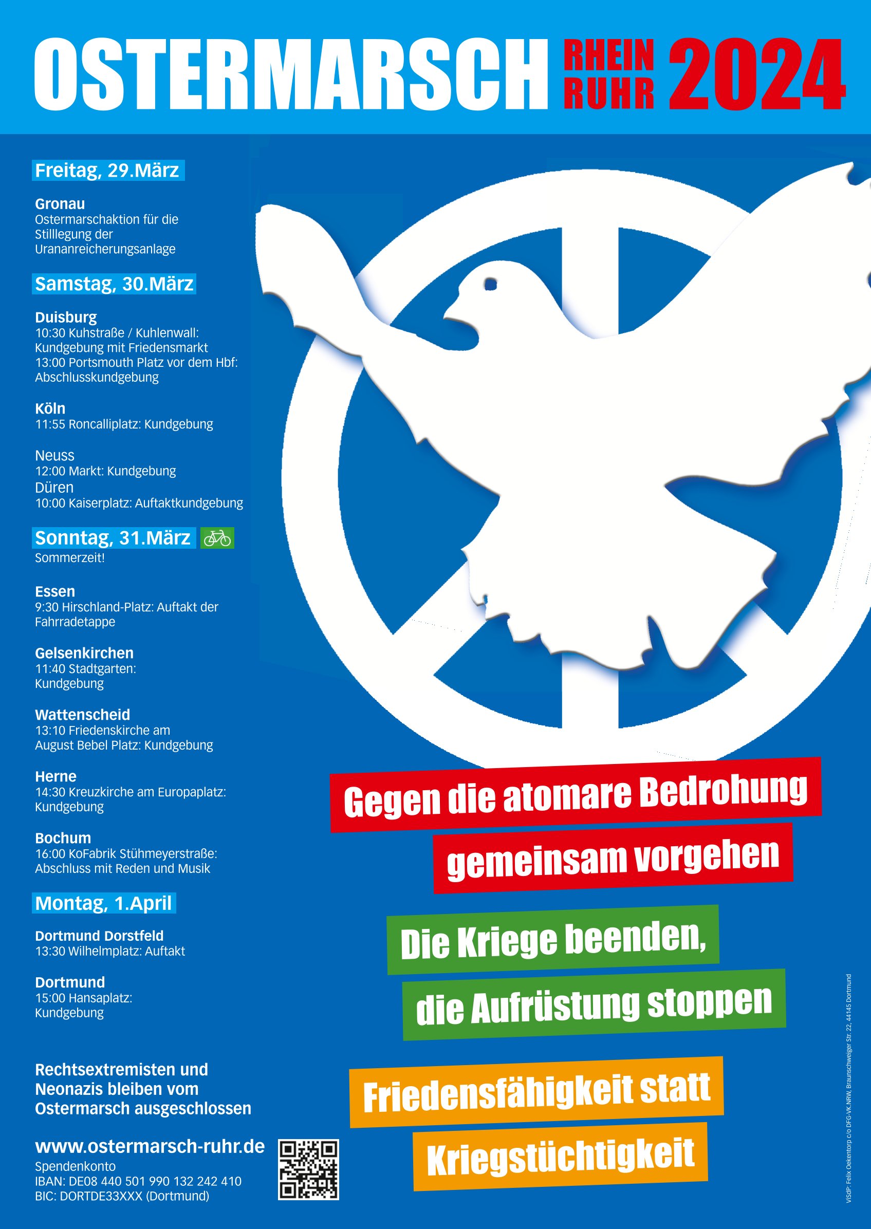 Ankündigungsplakat auf blauem Grund mit einer großen weißen auffliegenden Taube vor einem weißen Peace-Zeichen